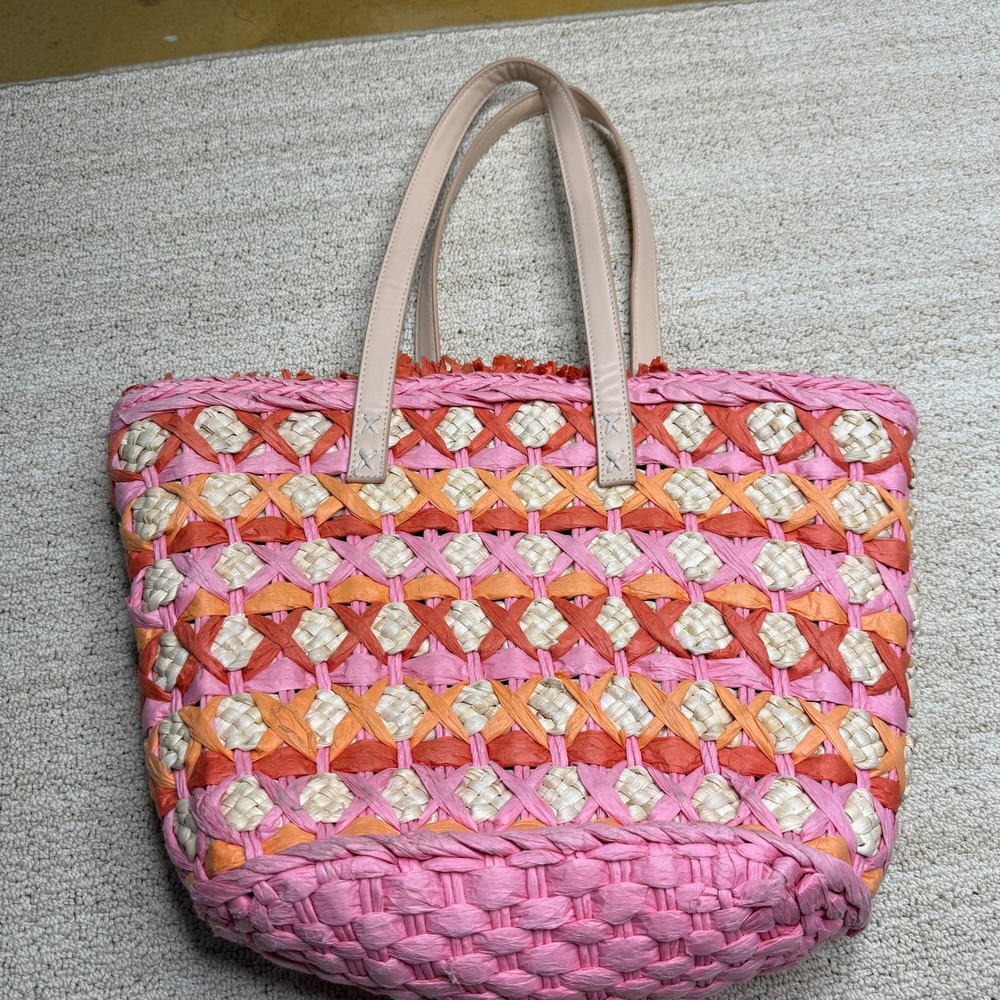 Spartina 449 Daufuskie Island Straw Tote Bag Women's Large‎ Pink Orange Woven - Picture 2 of 9